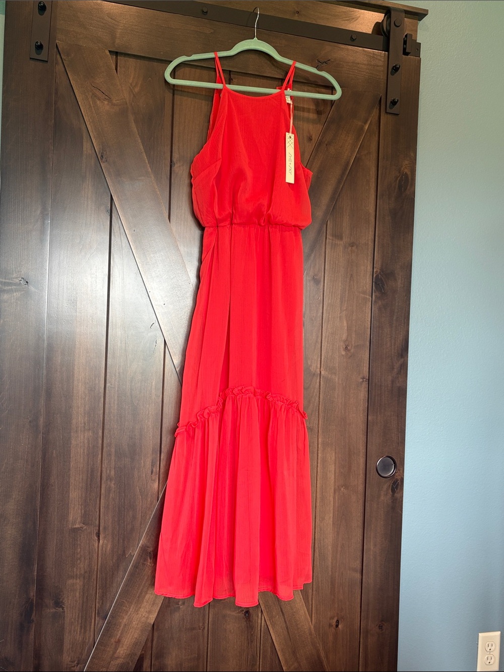 Red Spaghetti-Strap Maxi Dress with Tiered Skirt
